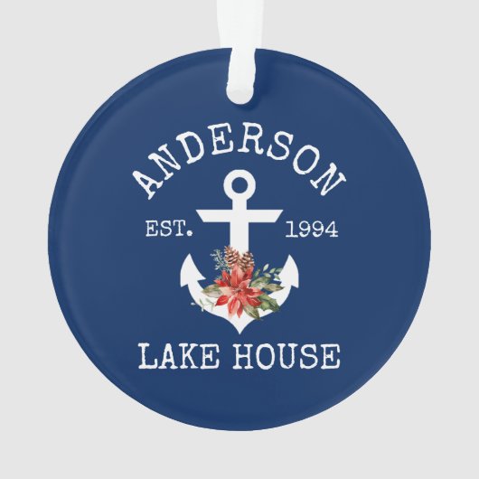 Nautical Lake House Anchor Winter Floral Blue Ornament (achterkant)