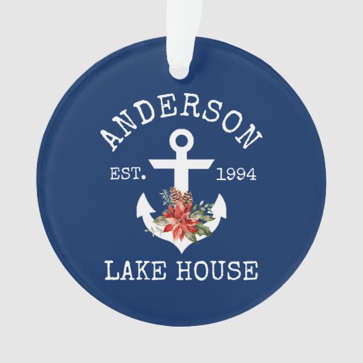 Nautical Lake House Anchor Winter Floral Blue Ornament (voorkant)