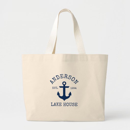 Nautical Lake House Blue Anchor Familienaam Grote Tote Bag (Voorkant)