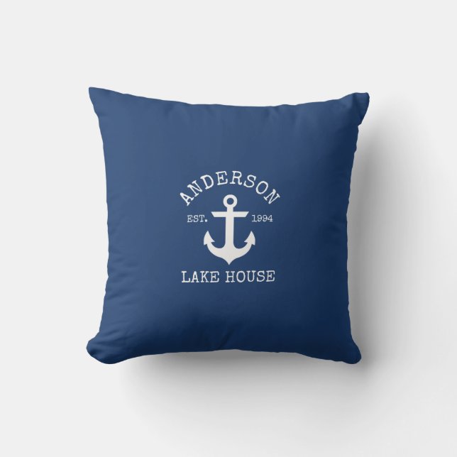 Nautical Lake House Familienaam Anchor Navy Blue Buitenkussen (Voorkant)
