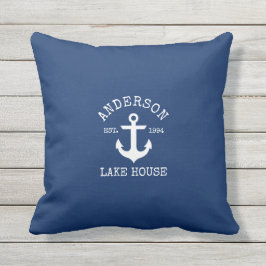Nautical Lake House Familienaam Anchor Navy Blue Buitenkussen