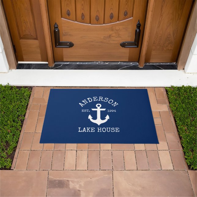 Nautical Lake House Familienaam Anchor Navy Blue Deurmat (Buiten)