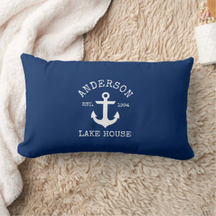 Nautical Lake House Familienaam Anchor Navy Blue Kussen