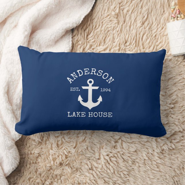 Nautical Lake House Familienaam Anchor Navy Blue Kussen (Deken)