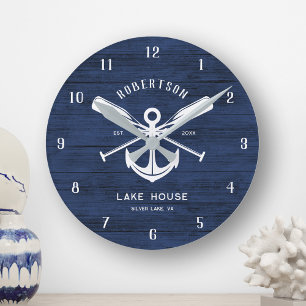 Nautical Lake House Familienaam Anker Blauw Hout Ronde Klok