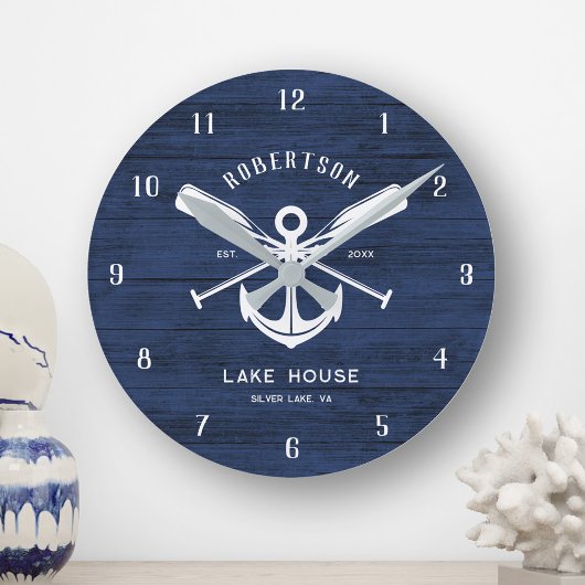 Nautical Lake House Familienaam Anker Blauw Hout Ronde Klok