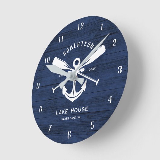Nautical Lake House Familienaam Anker Blauw Hout Ronde Klok (Hoek)
