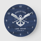 Nautical Lake House Familienaam Anker Blauw Hout Ronde Klok (Voorkant)