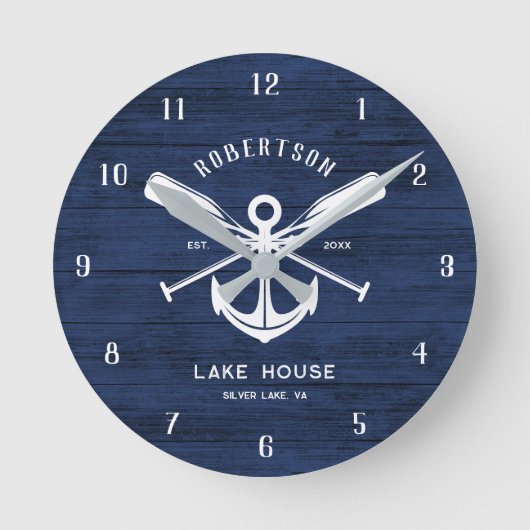 Nautical Lake House Familienaam Anker Blauw Hout Ronde Klok (Voorkant)