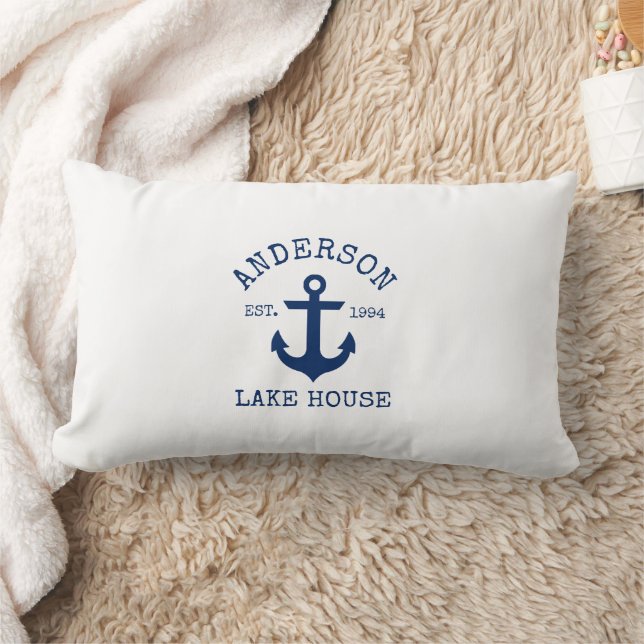 Nautical Lake House Familienaam Navy Blue Anchor Kussen (Deken)
