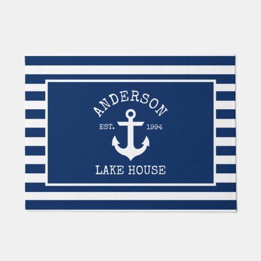 Nautical Lake House Marine blauw gestreepte anker Deurmat (Voorkant)