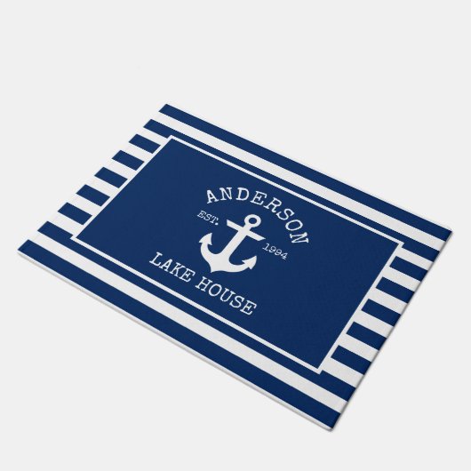 Nautical Lake House Marine blauw gestreepte anker Deurmat (Schuin)