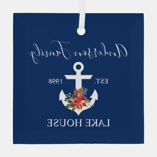 Nautical Lake House Winter Floral marine Blue Glas Ornament (Achterkant)