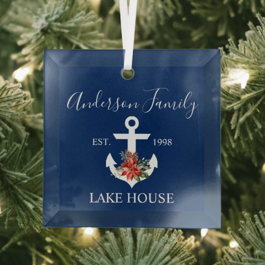 Nautical Lake House Winter Floral marine Blue Glas Ornament (Insitu)