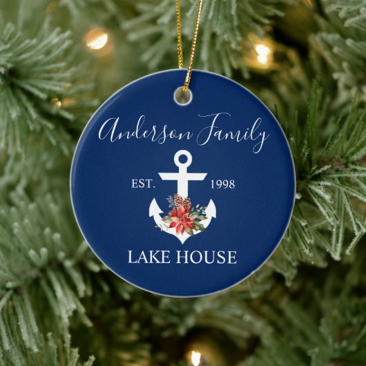 Nautical Lake House Winter Floral marine Blue Keramisch Ornament (Boom)