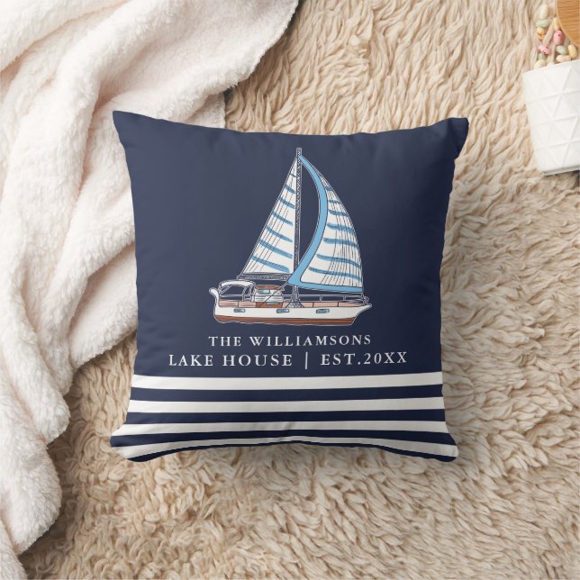 Nautical Lake House Zeilboot Custom Navy Blue Kussen (Deken)