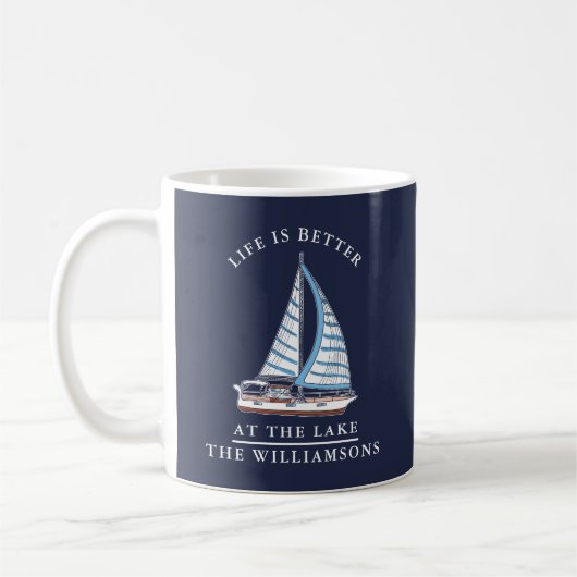 Nautical Lake Life Navy Blauw en witte boot Koffiemok (Links)