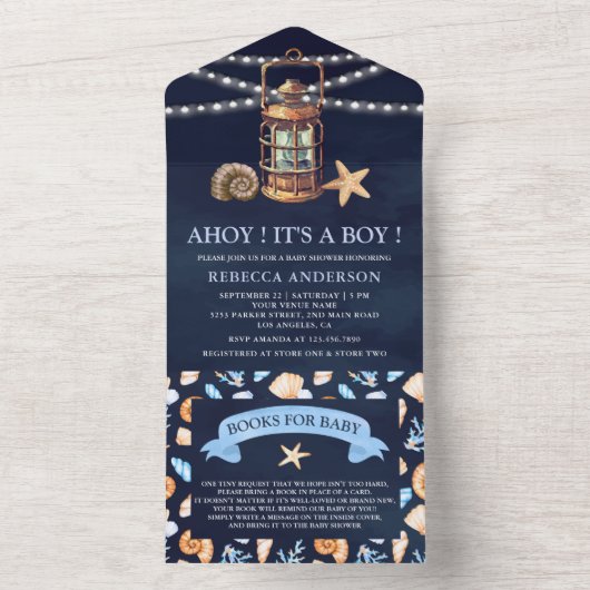  Nautical Lantern Navy Blue Baby shower All In One Uitnodiging (Binnen)