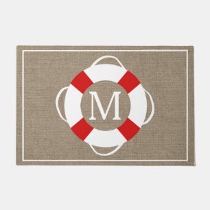 Nautical Life Preserver & Faux Burlap, gepersonali Deurmat