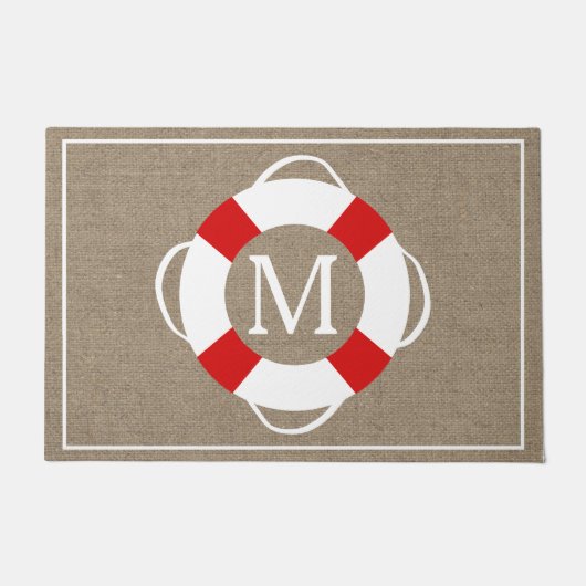 Nautical Life Preserver & Faux Burlap, gepersonali Deurmat (Voorkant)