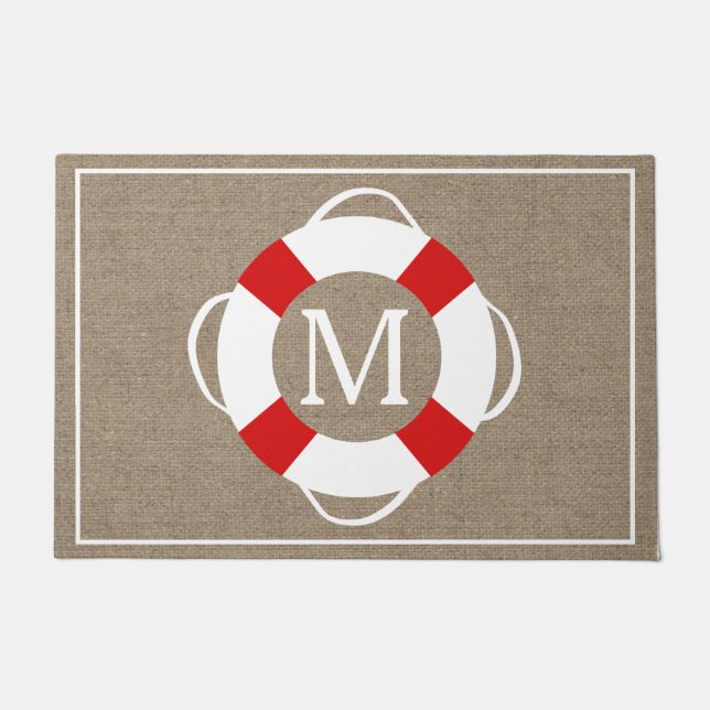 Nautical Life Preserver & Faux Burlap, gepersonali Deurmat (Voorkant)