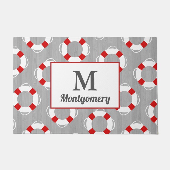 Nautical Life Preserver & Grey Personalized Deurmat (Voorkant)
