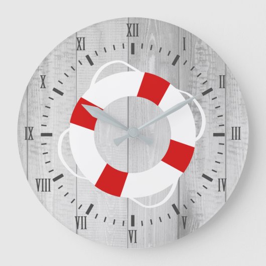 Nautical Life Saver Buoy & Grey Wood Print Grote Klok (Voorkant)
