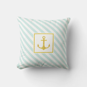 Nautical Light Blue Stripes Golden Glitter Anchor Kussen