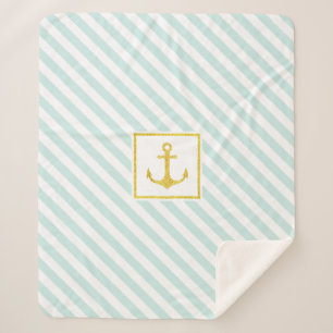 Nautical Light Blue Stripes Golden Glitter Anchor Sherpa Deken