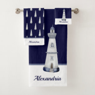 Nautical Light House Navy Blue n White Bad Handdoek