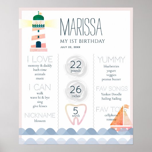 Nautical Lighthouse 1st Birthday Milestone Poster (Voorkant)