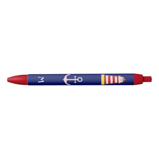 Nautical Lighthouse & Anchor op blauwe achtergrond Zwarte Inkt Pen (Voorkant)
