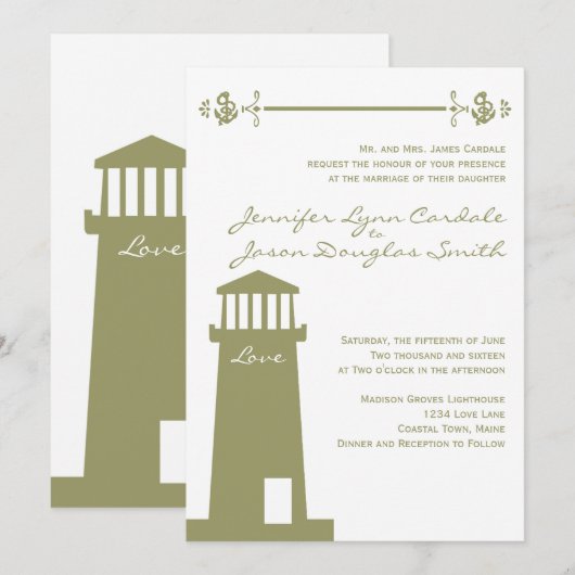 Nautical Lighthouse Anchor Sage Wedding Uitnodigin Kaart (Voorkant / Achterkant)