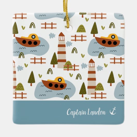 Nautical Lighthouse and Boat Kind Pattern Kerstmis Keramisch Ornament (Voorkant)