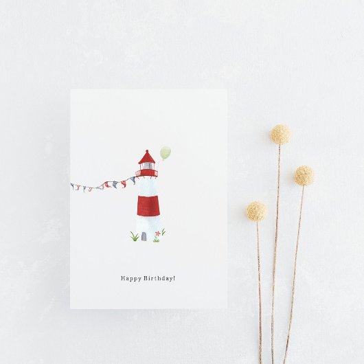 Nautical Lighthouse Beach Happy Birthday Balloon Briefkaart