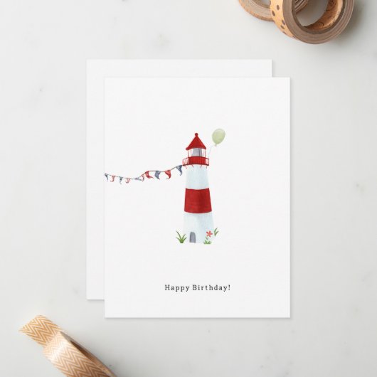 Nautical Lighthouse Beach Happy Birthday Balloon Notitiekaartje (Voorkant / Achterkant in situ)
