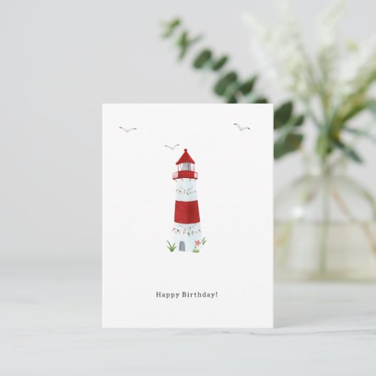 Nautical Lighthouse Beach Happy Birthday Seagulls Briefkaart (Staand voorkant)