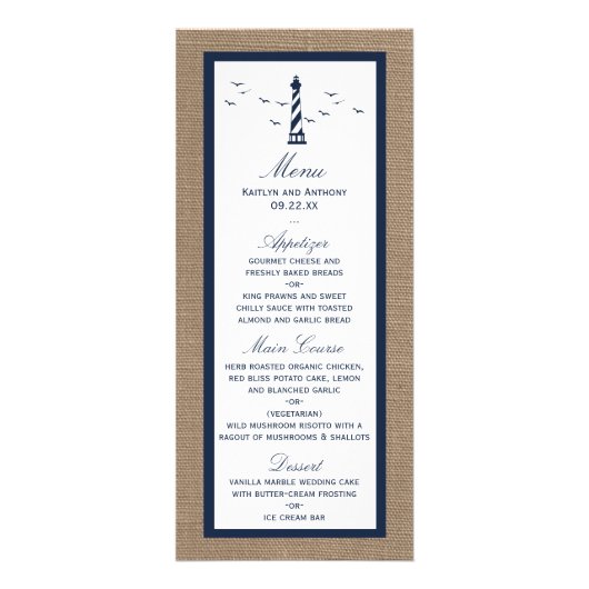 Nautical Lighthouse Burlap Wedding Collectie Menu (Voorkant)