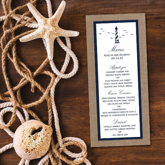 Nautical Lighthouse Burlap Wedding Collectie Menu