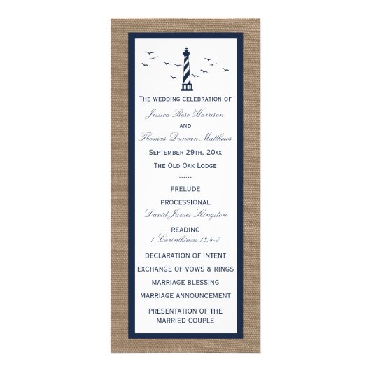 Nautical Lighthouse Burlap Wedding Program Reclamekaart (Voorkant)
