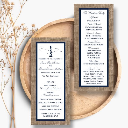 Nautical Lighthouse Burlap Wedding Program Reclamekaart