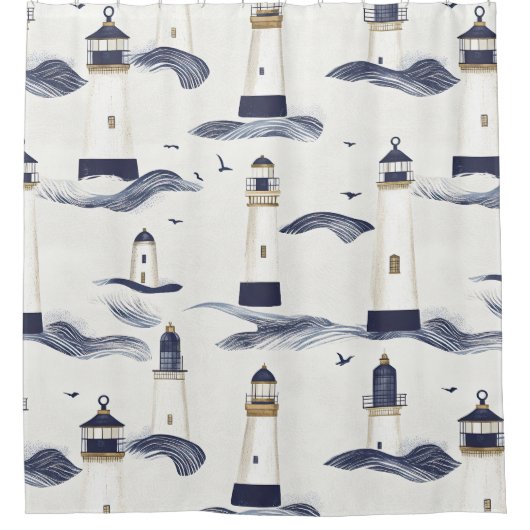 Nautical Lighthouse Coastal Blue Pattern (1) Douchegordijn (Voorkant)