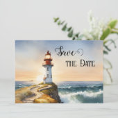 Nautical Lighthouse Coastal Save the Date Kaart (Staand voorkant)