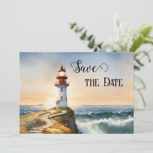 Nautical Lighthouse Coastal Save the Date Kaart (Staand voorkant)