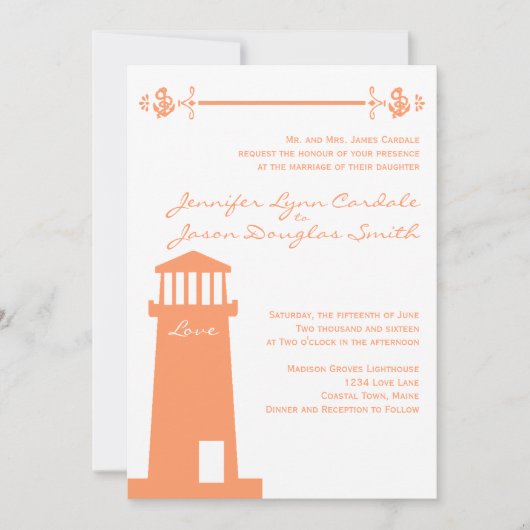 Nautical Lighthouse Coral Wedding Invitations Kaart (Voorkant)