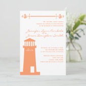 Nautical Lighthouse Coral Wedding Invitations Kaart (Staand voorkant)