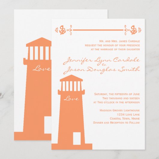 Nautical Lighthouse Coral Wedding Invitations Kaart (Voorkant / Achterkant)