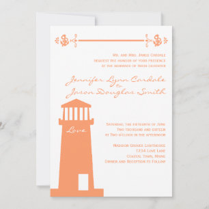 Nautical Lighthouse Coral Wedding Invitations Kaart