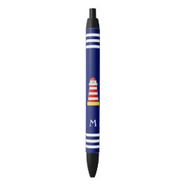 Nautical Lighthouse & Monogram op blauwe achtergro Zwarte Inkt Pen