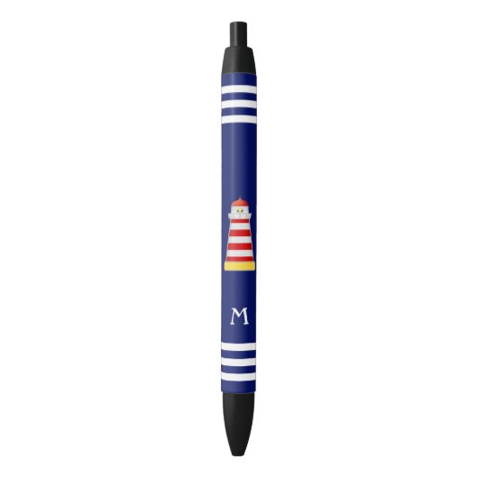 Nautical Lighthouse & Monogram op blauwe achtergro Zwarte Inkt Pen (Voorkant Verticaal)